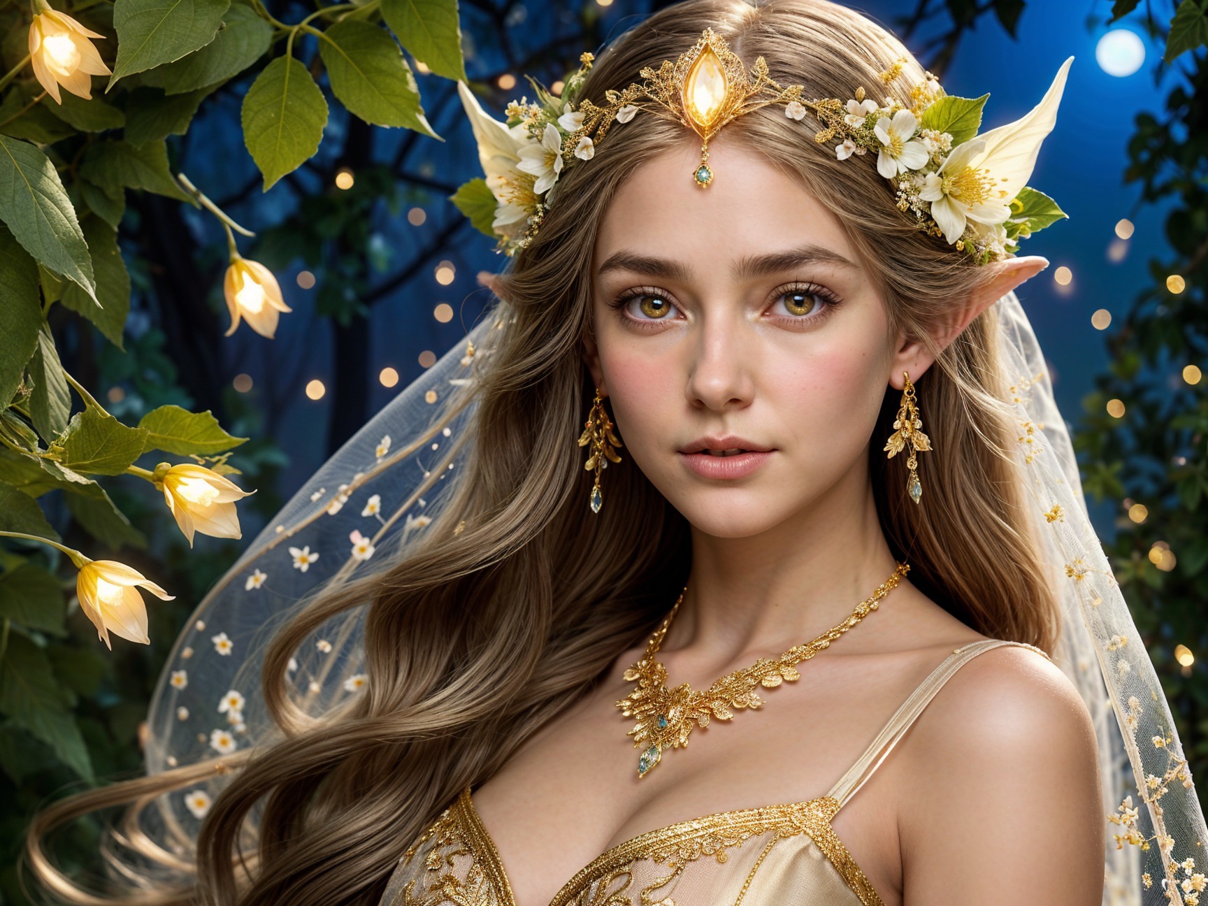 Young elf with floral crown in enchanting forest setting