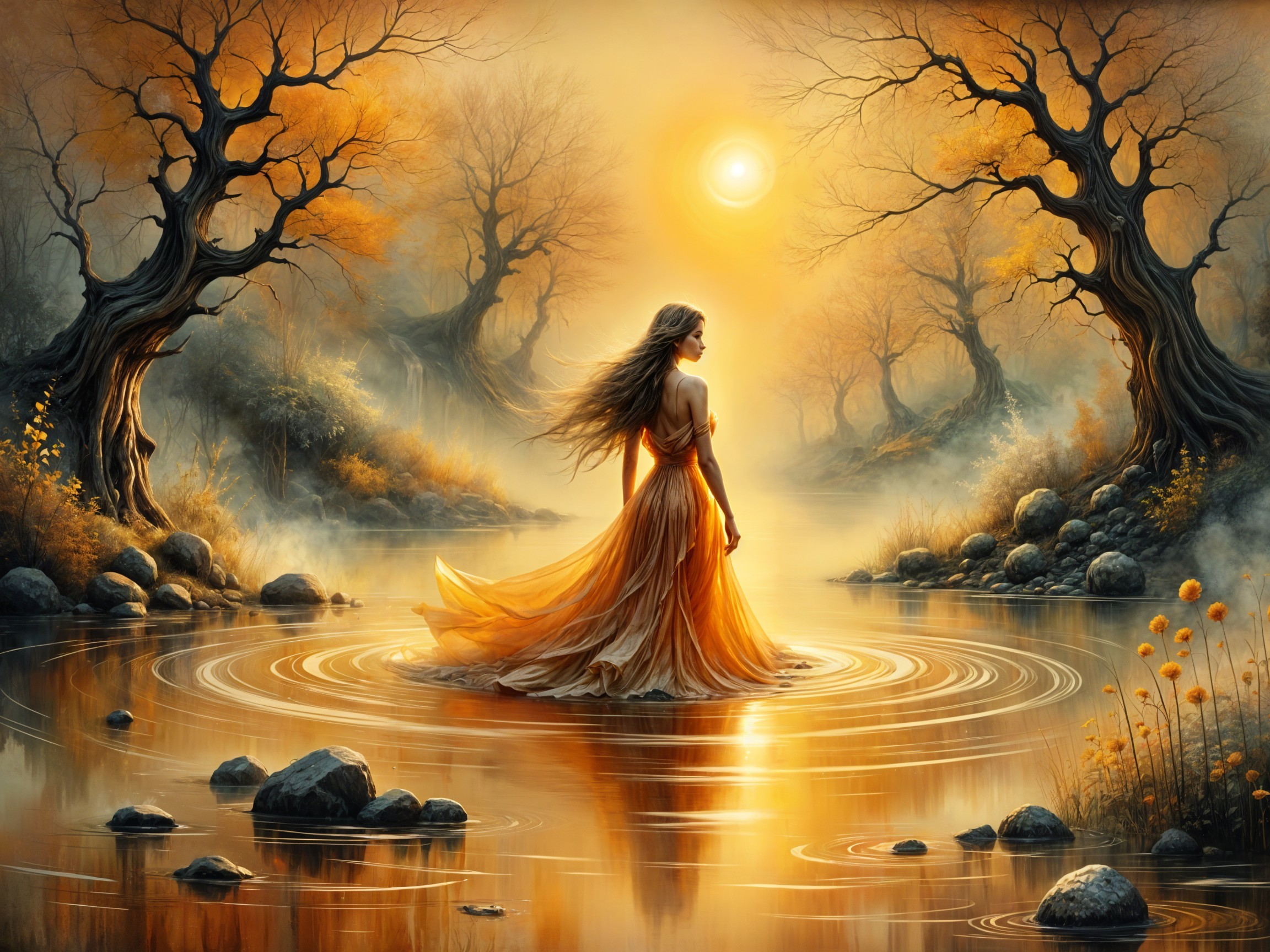 Woman in Orange Gown Amidst Autumn Landscape