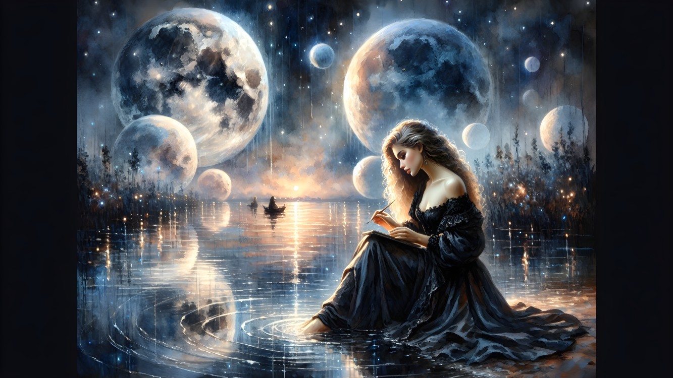 Young Woman Writing by a Tranquil Lake Under Moons