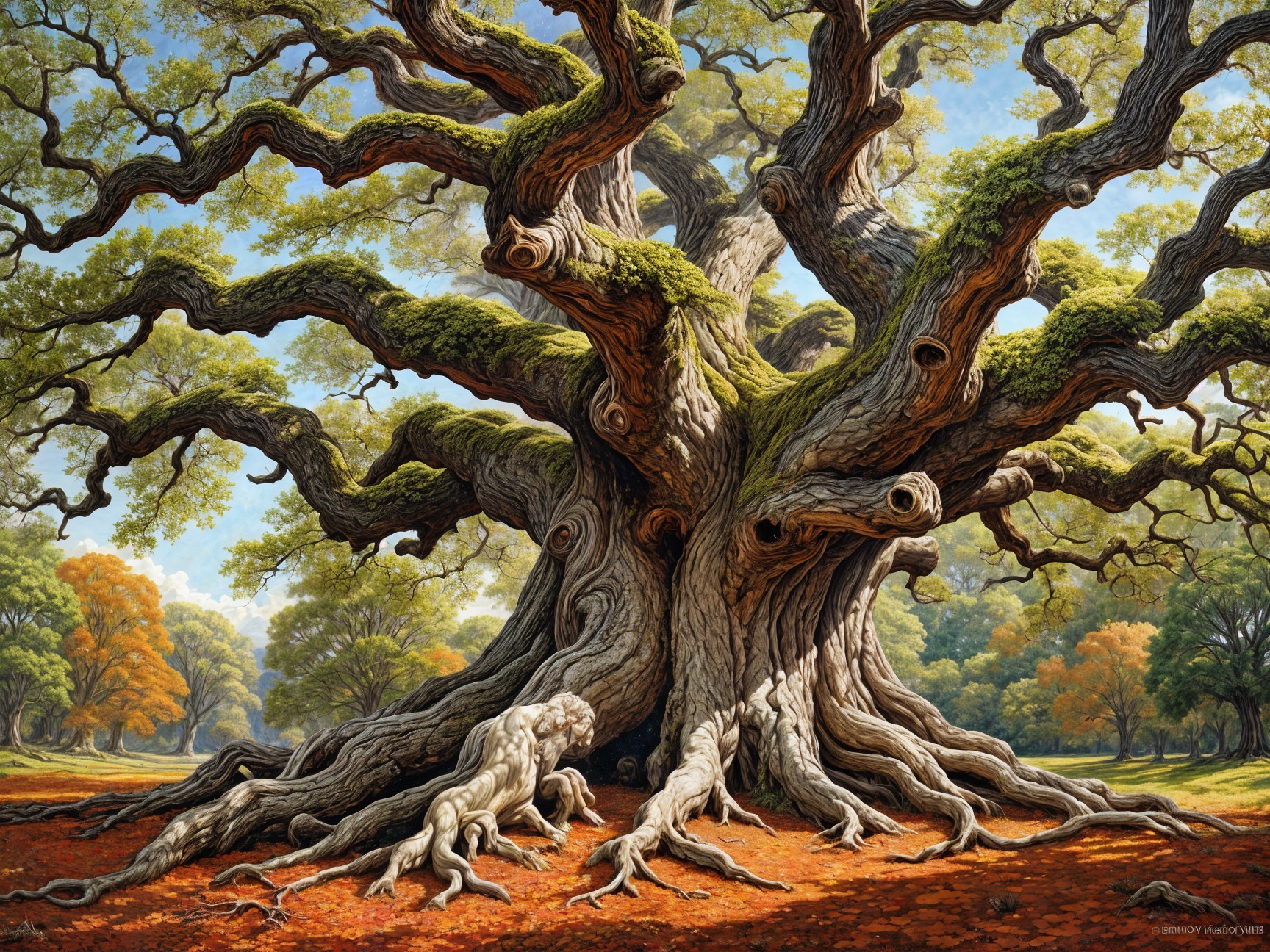 Ancient Tree Surrounded by Autumn Foliage and Leaves