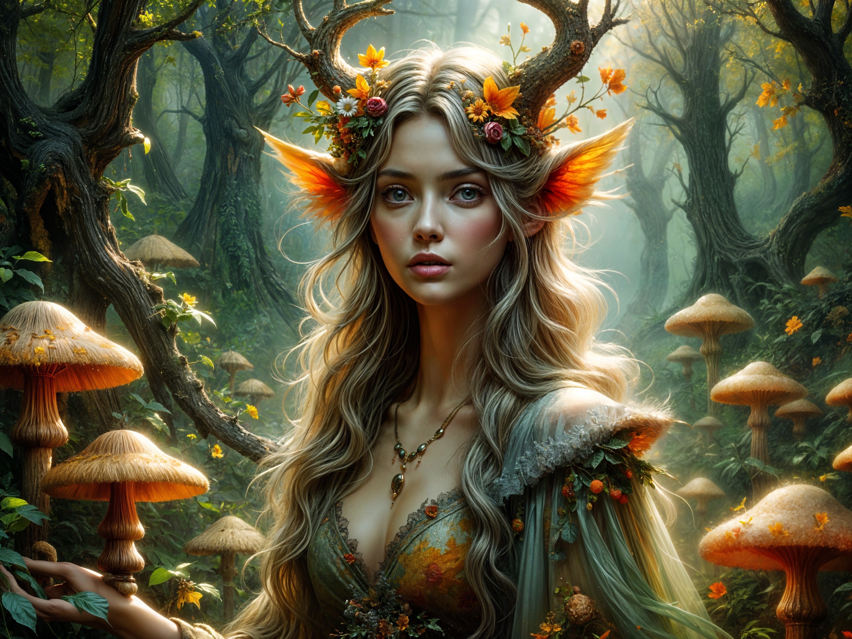 Young woman in mystical forest with vibrant mushrooms