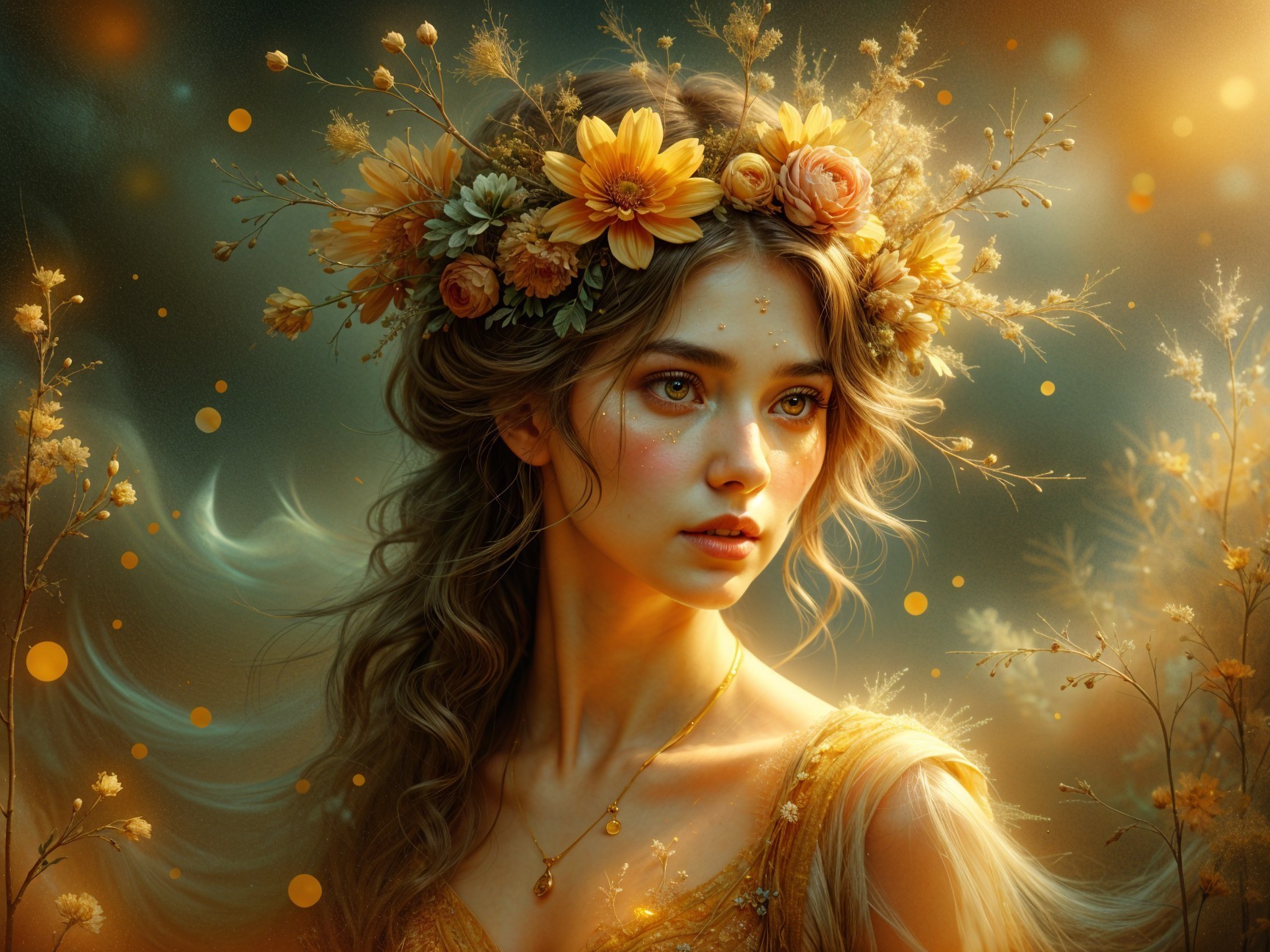 Young woman with floral crown in ethereal glow