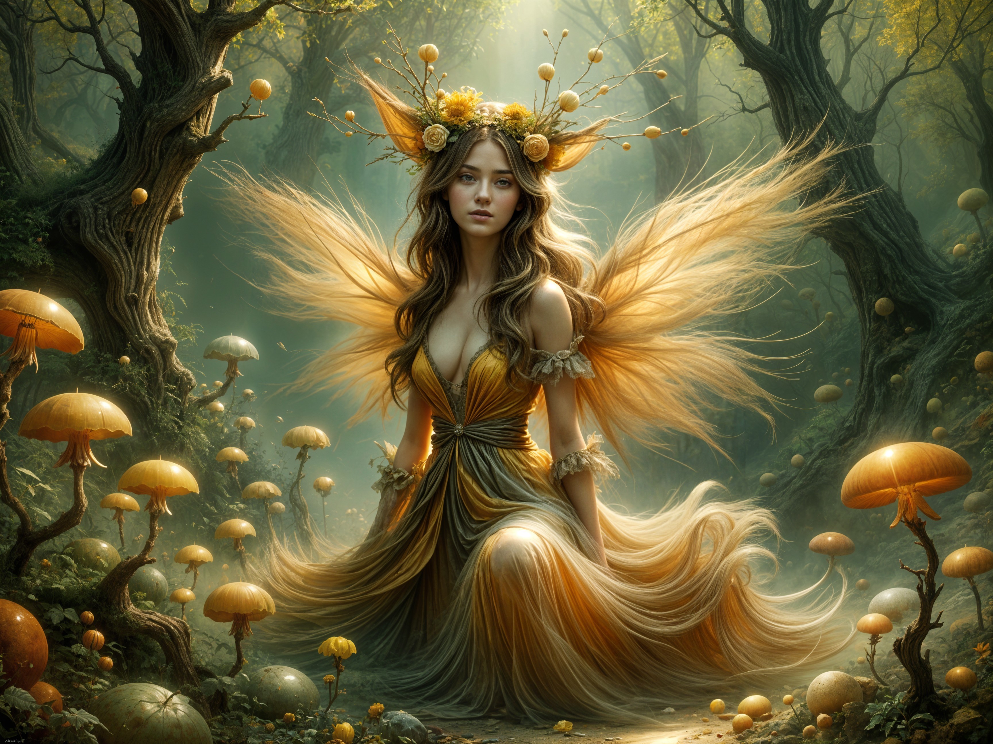 Fairy in a Magical Forest Surrounded by Luminous Mushrooms