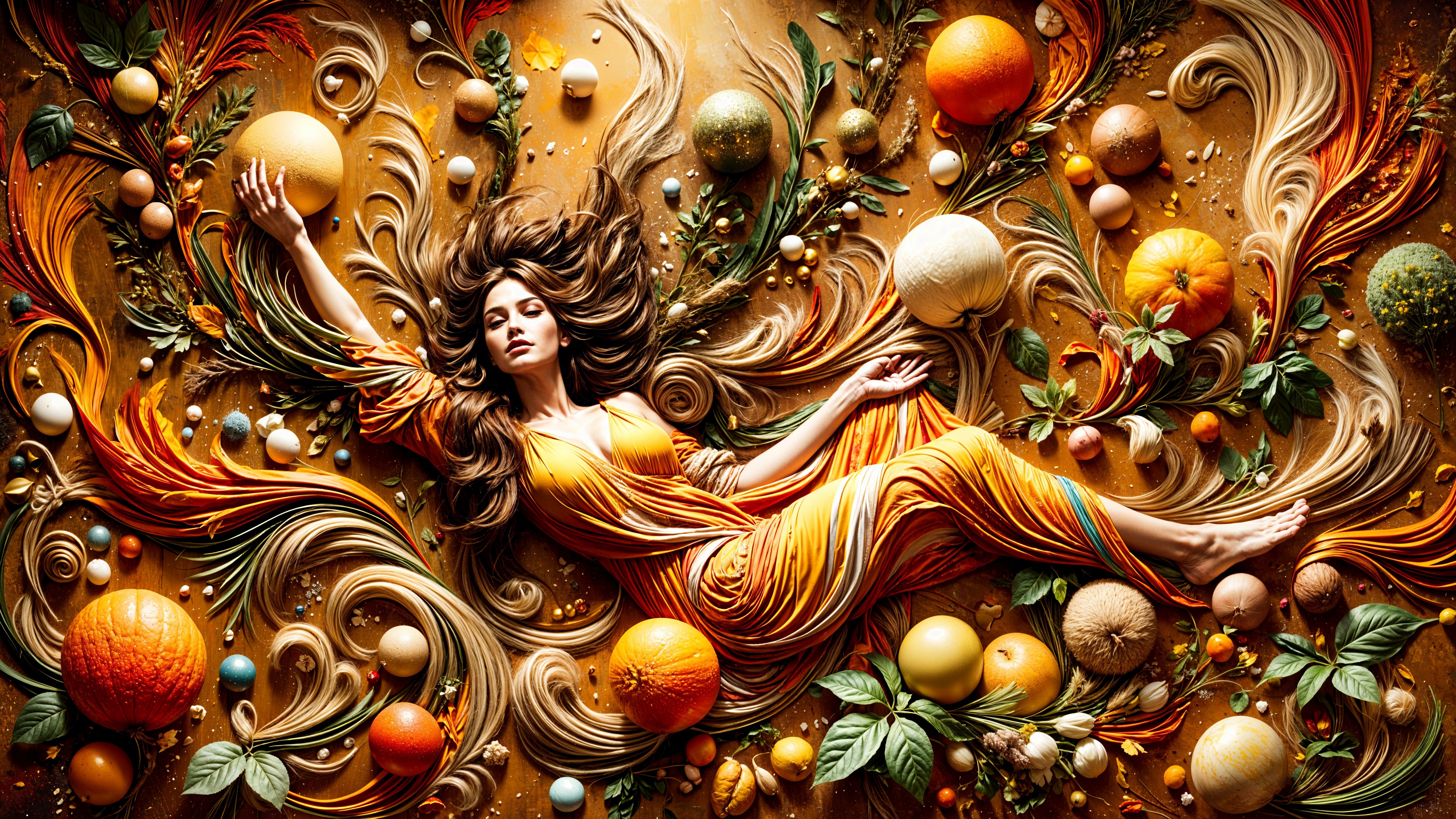 Vibrant Composition of Woman in Orange Dress and Fruits