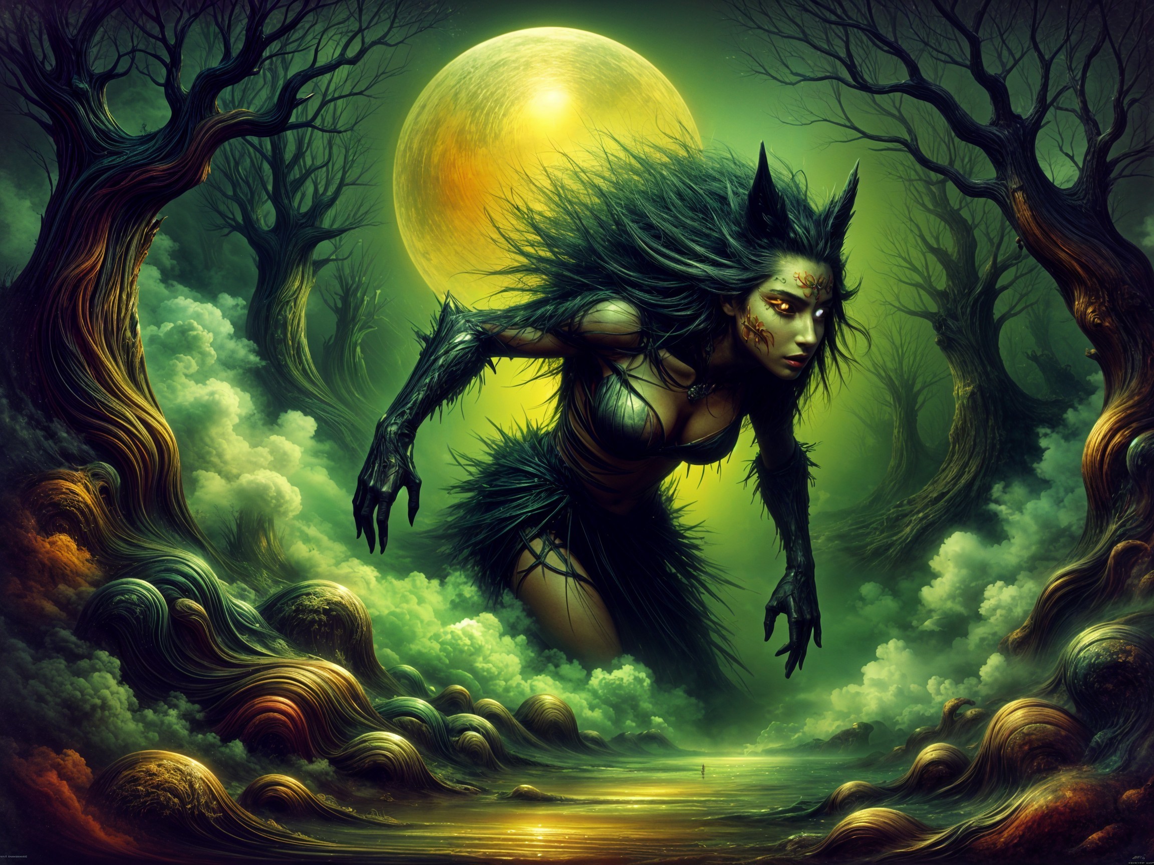 Mystical Figure in Enchanted Forest Under Golden Moon