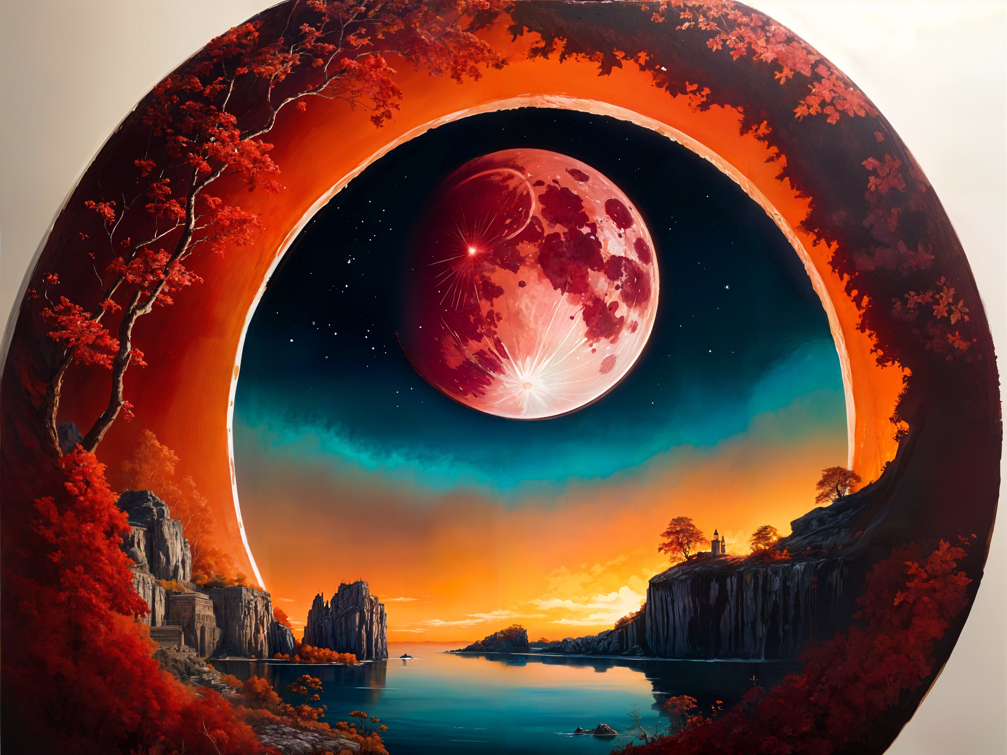 Surreal Landscape with Vibrant Sunset and Red Moon