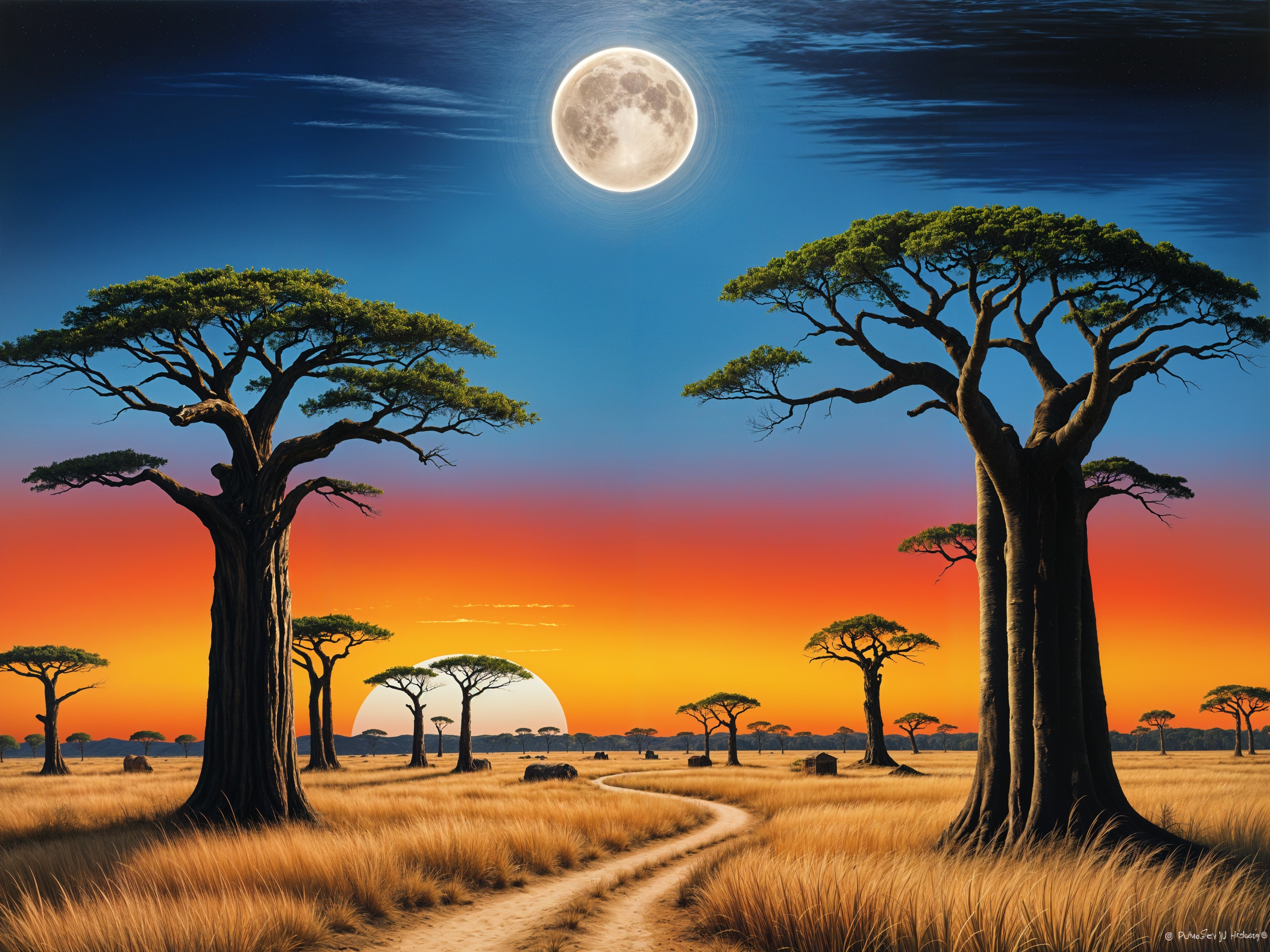 Twilight Landscape with Baobab Trees and Moonrise