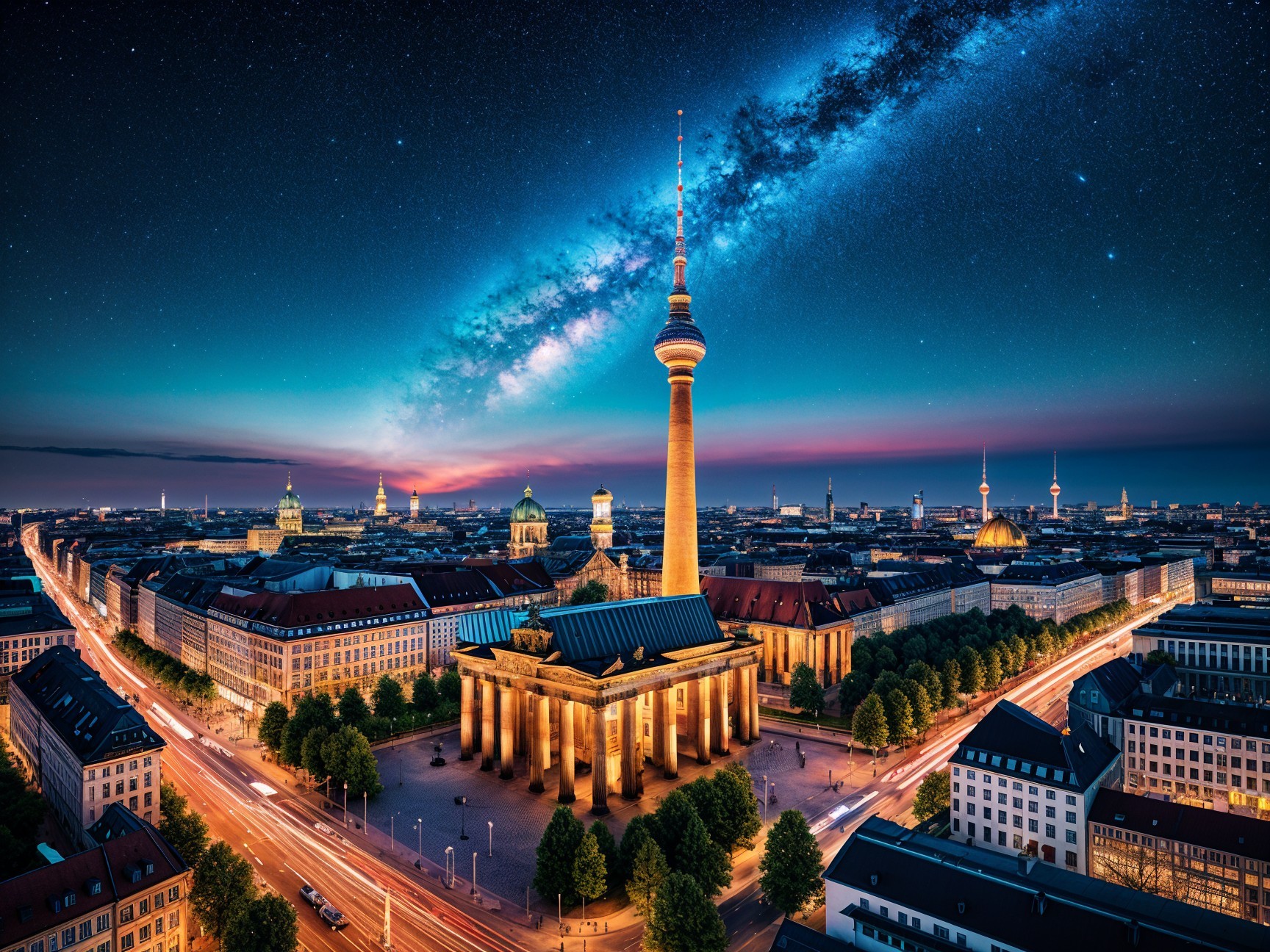 Berlin Cityscape at Night with TV Tower and Milky Way