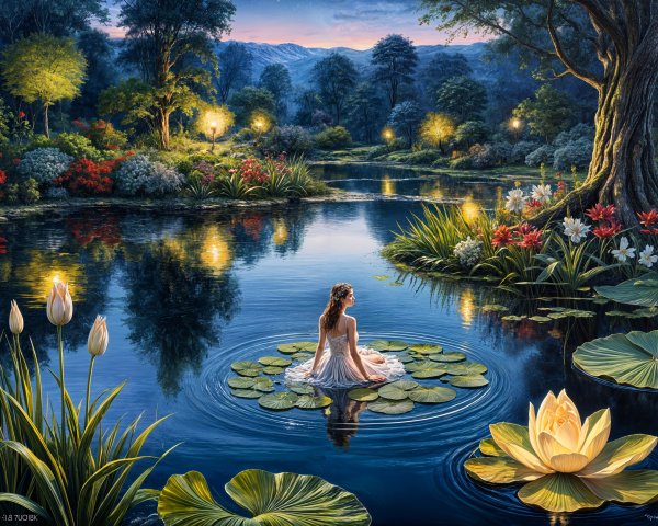Twilight Scene of a Tranquil Pond with Lush Greenery