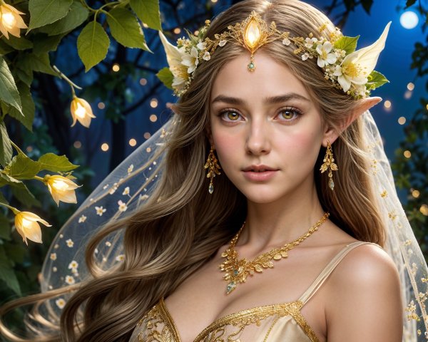 Young elf with floral crown in enchanting forest setting