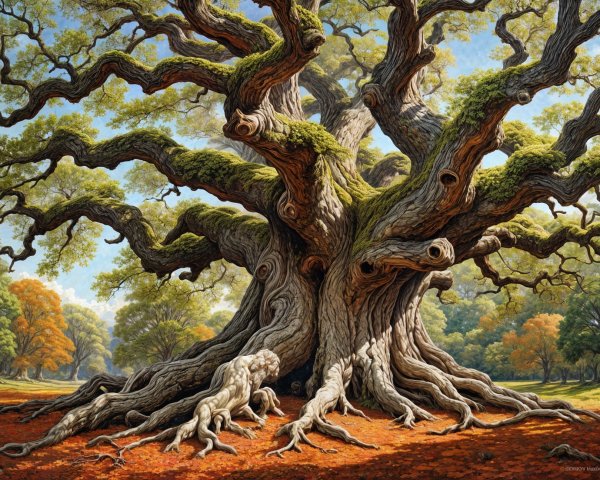 Ancient Tree Surrounded by Autumn Foliage and Leaves