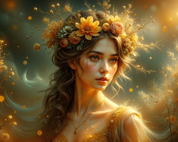 Young woman with floral crown in ethereal glow