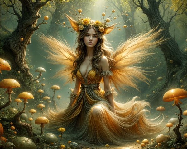 Fairy in a Magical Forest Surrounded by Luminous Mushrooms