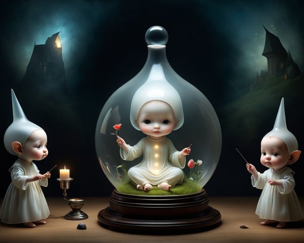 Whimsical Scene of Ethereal Dolls in Enchanted Setting