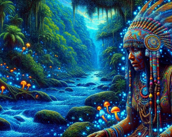 Jungle Scene with Tribal Figure and Bioluminescent Flora