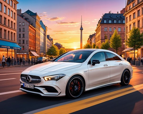 Sleek White Mercedes-Benz CLA on City Street at Sunset