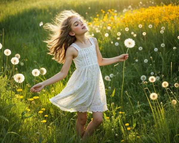 Young girl dancing in a vibrant flower-filled field