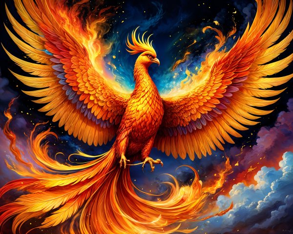 Majestic phoenix in vibrant night sky with flames