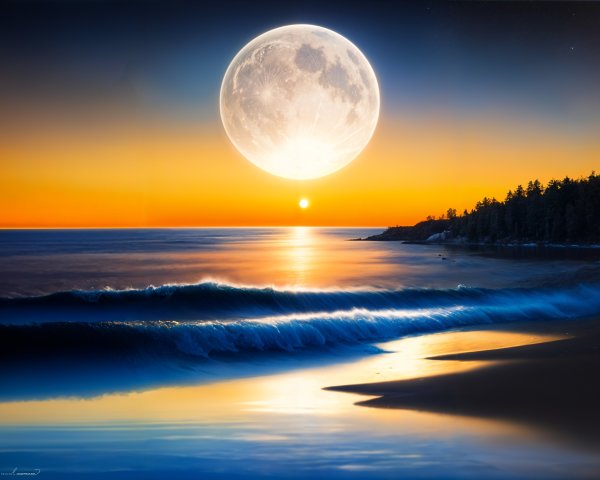 Twilight Beach Scene with Sunset and Full Moon