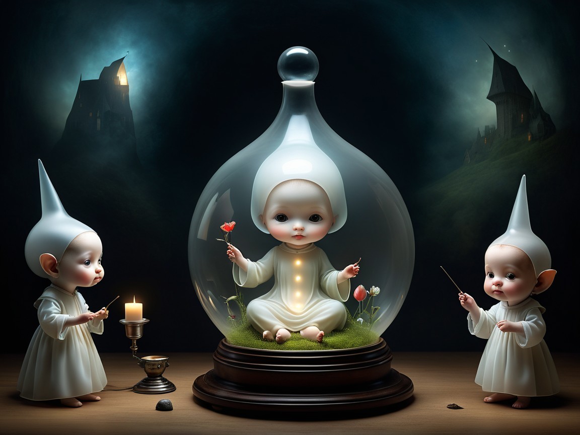 Whimsical Scene of Ethereal Dolls in Enchanted Setting