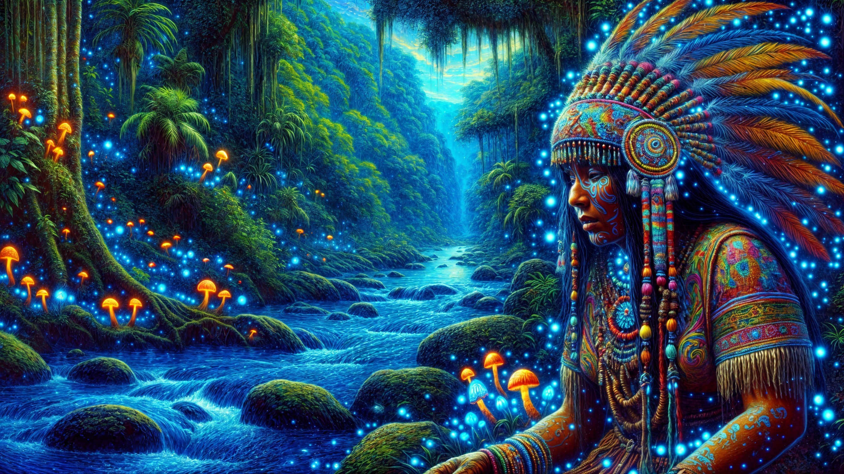 Jungle Scene with Tribal Figure and Bioluminescent Flora