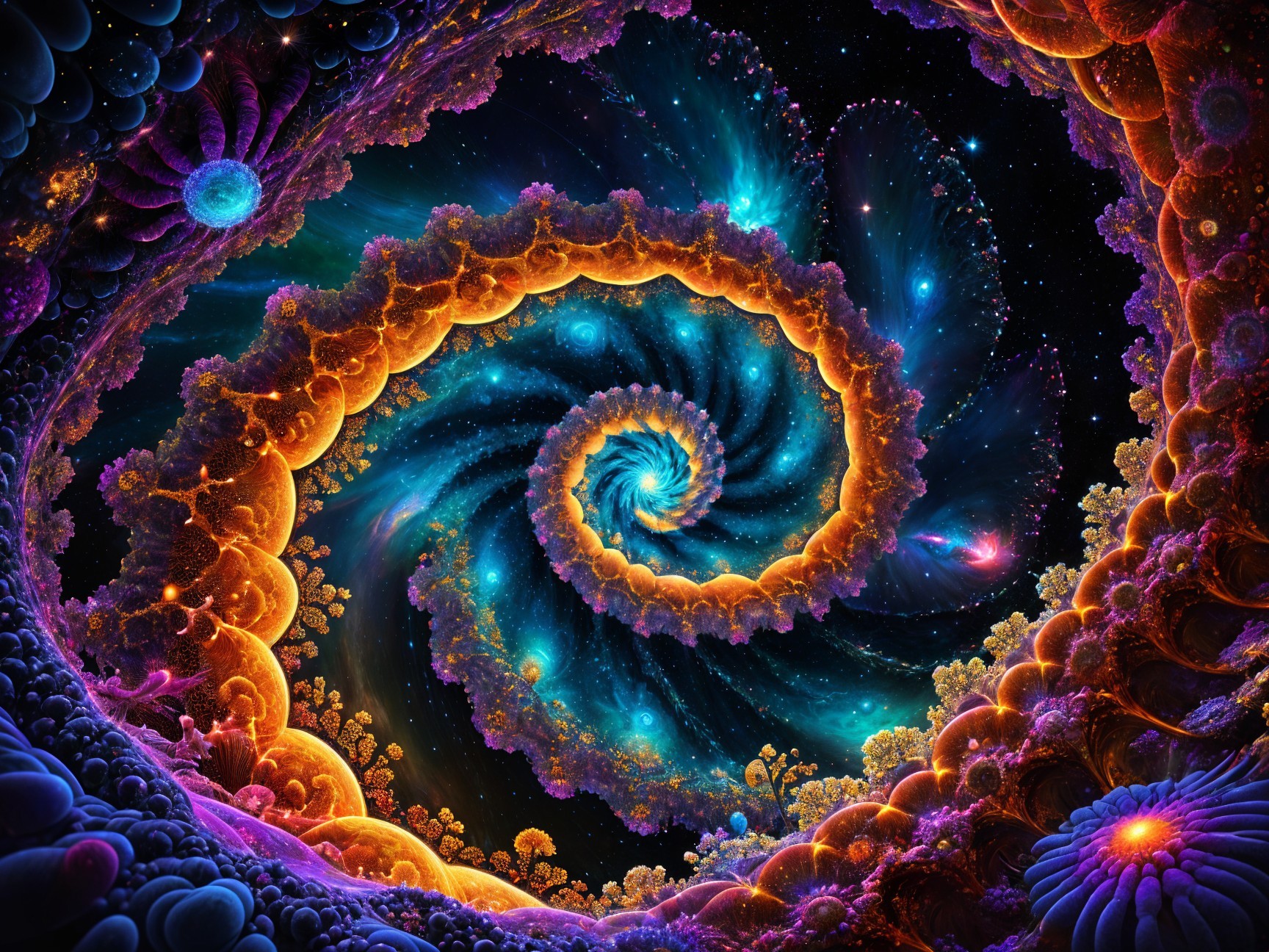 Cosmic Spiral with Vibrant Colors and Stars