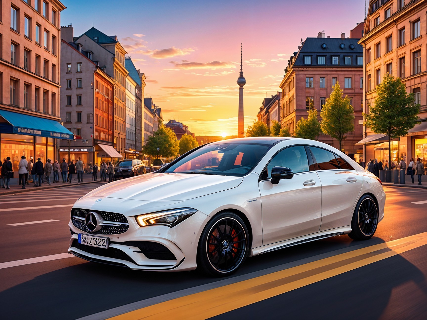 Sleek White Mercedes-Benz CLA on City Street at Sunset