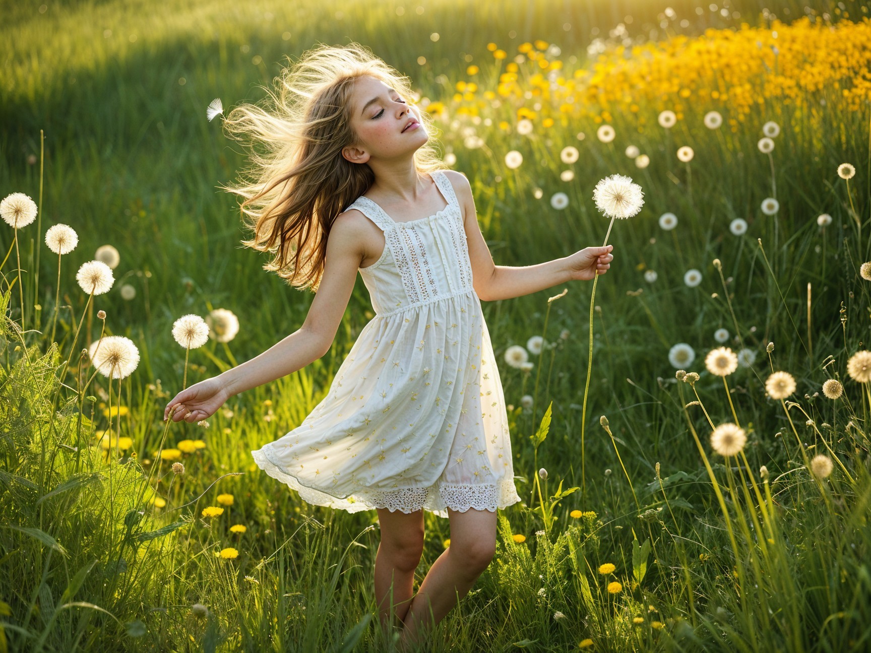 Young girl dancing in a vibrant flower-filled field