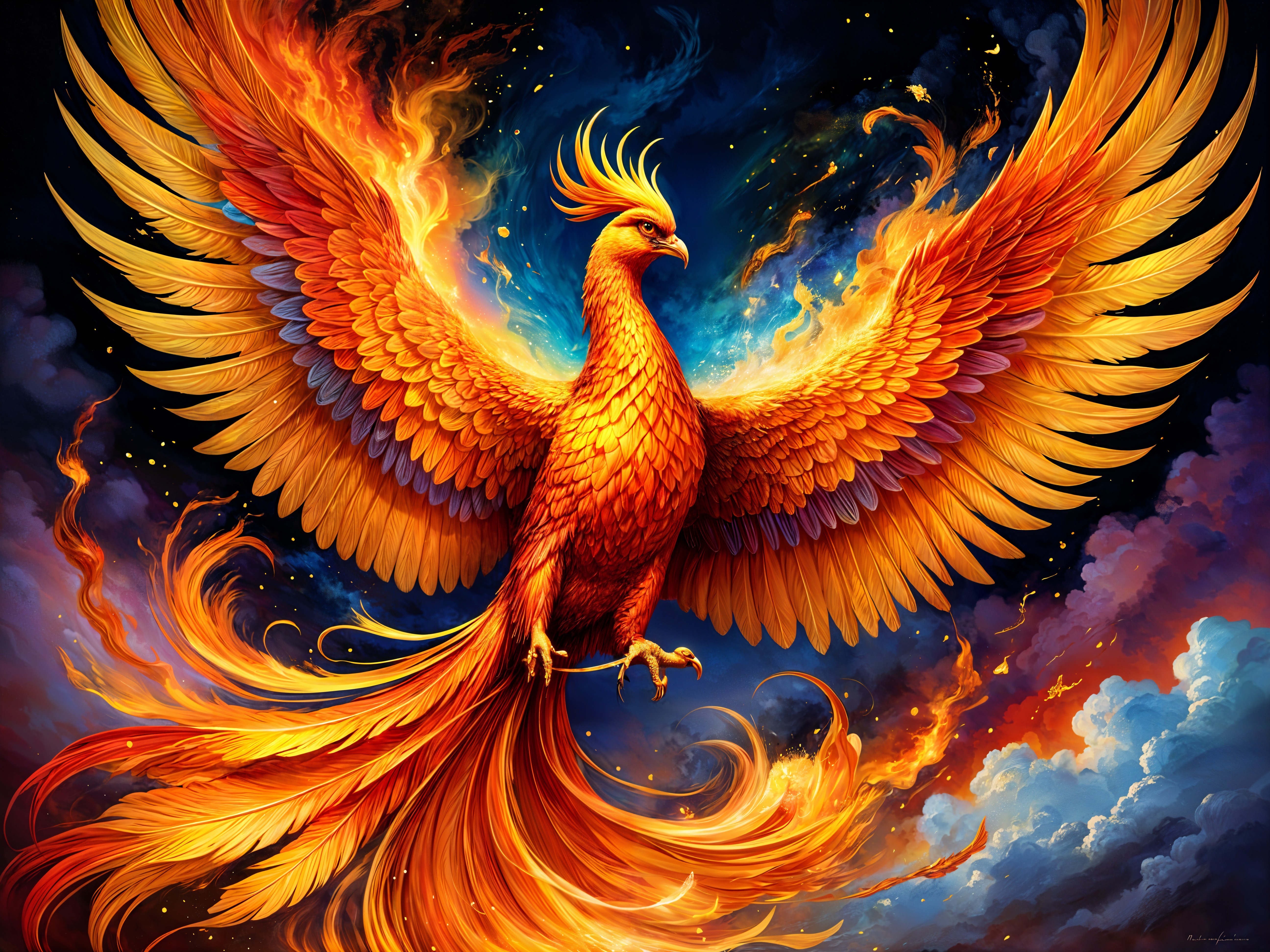 Majestic phoenix in vibrant night sky with flames