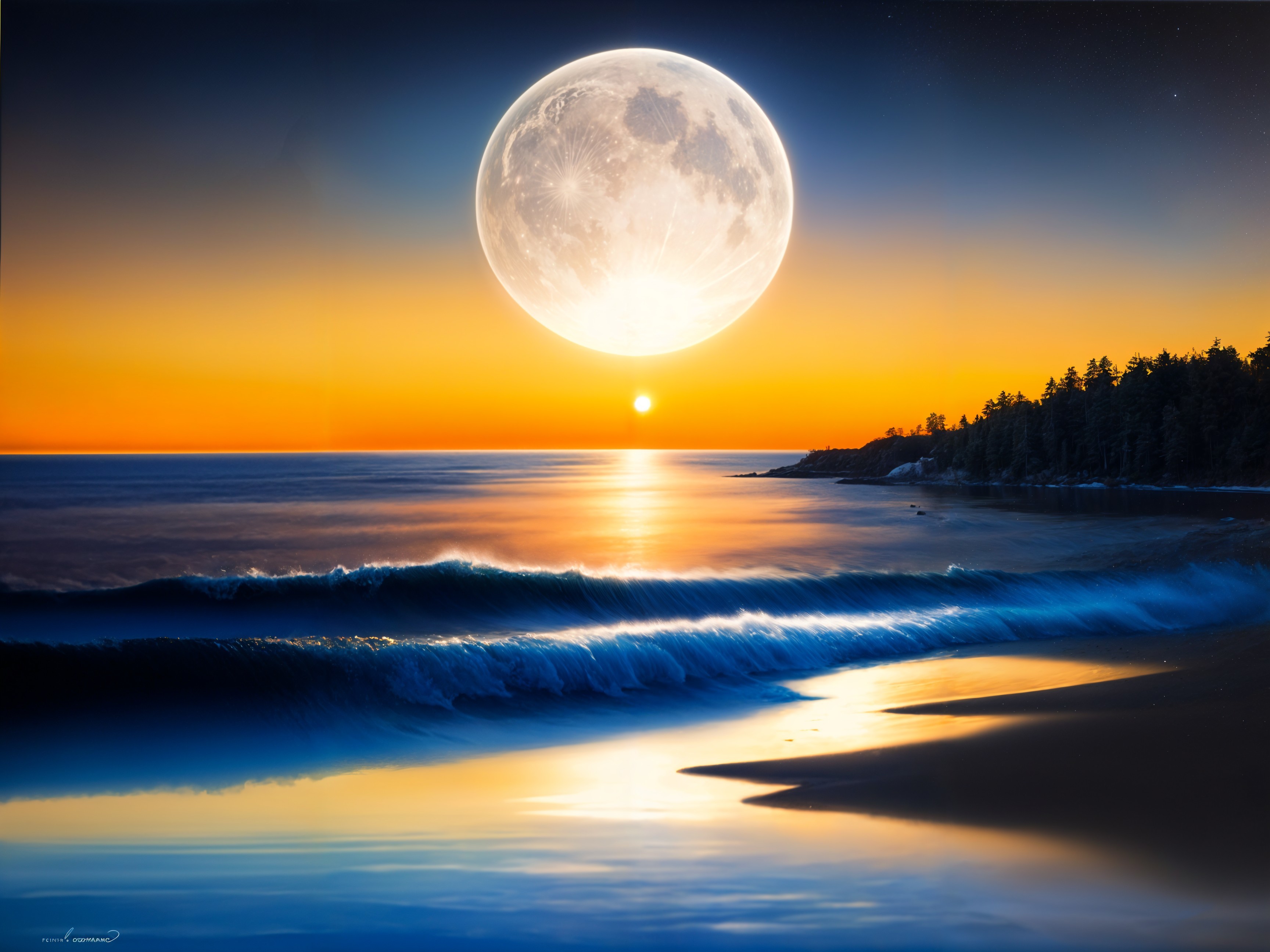 Twilight Beach Scene with Sunset and Full Moon