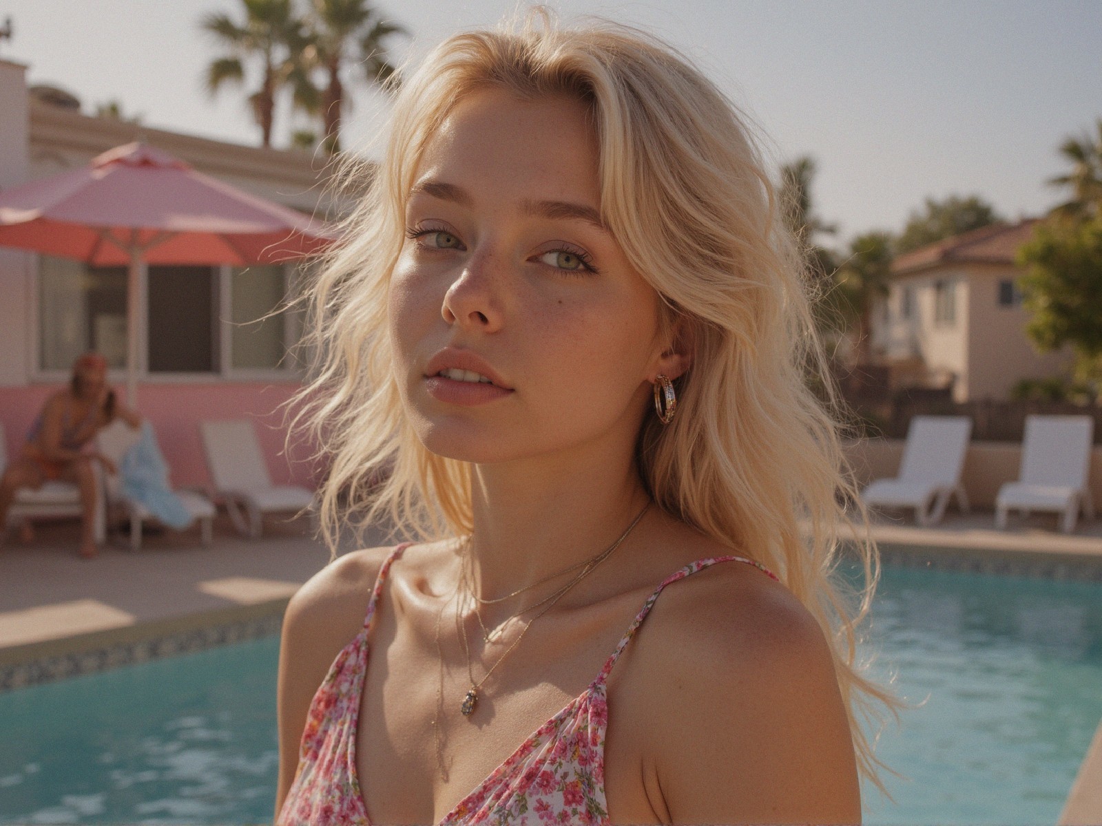 Young woman by pool in floral dress and sunlight
