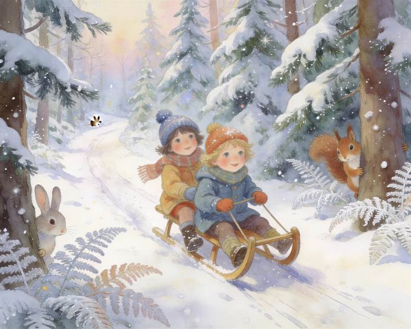 Children Sledding in a Snowy Forest Scene