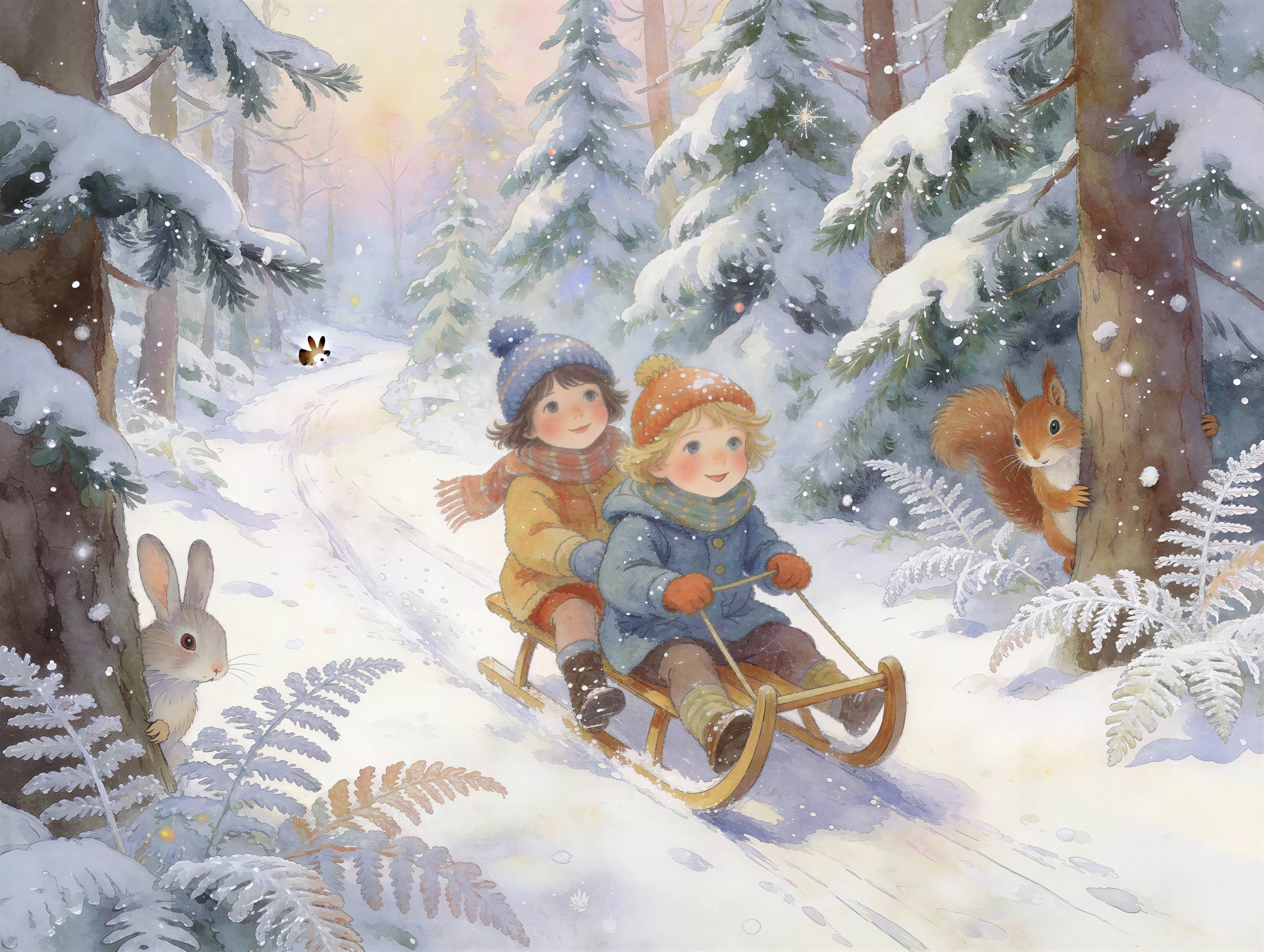 Children Sledding in a Snowy Forest Scene