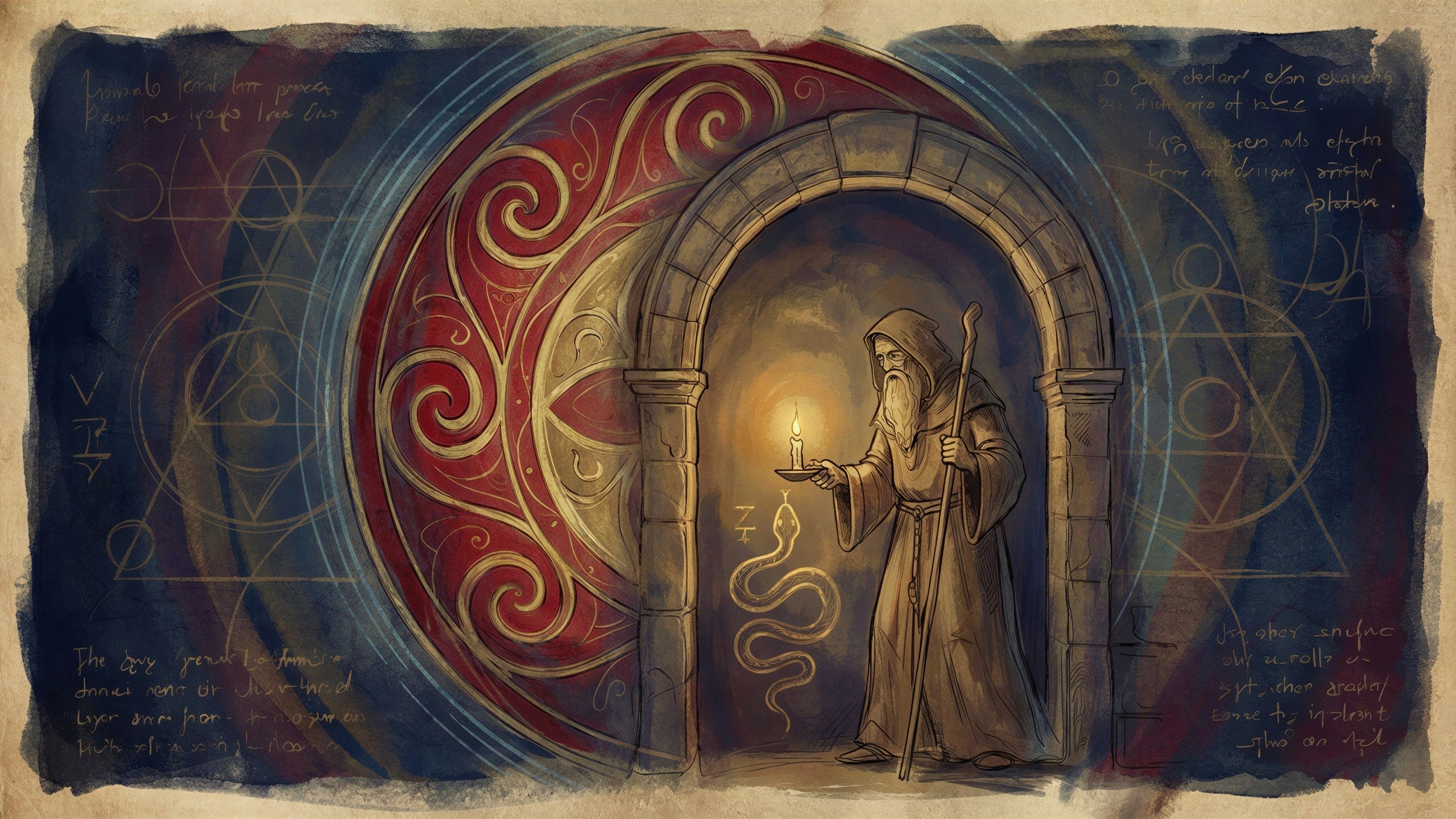 Monk-like figure under dark archway with candle and snake