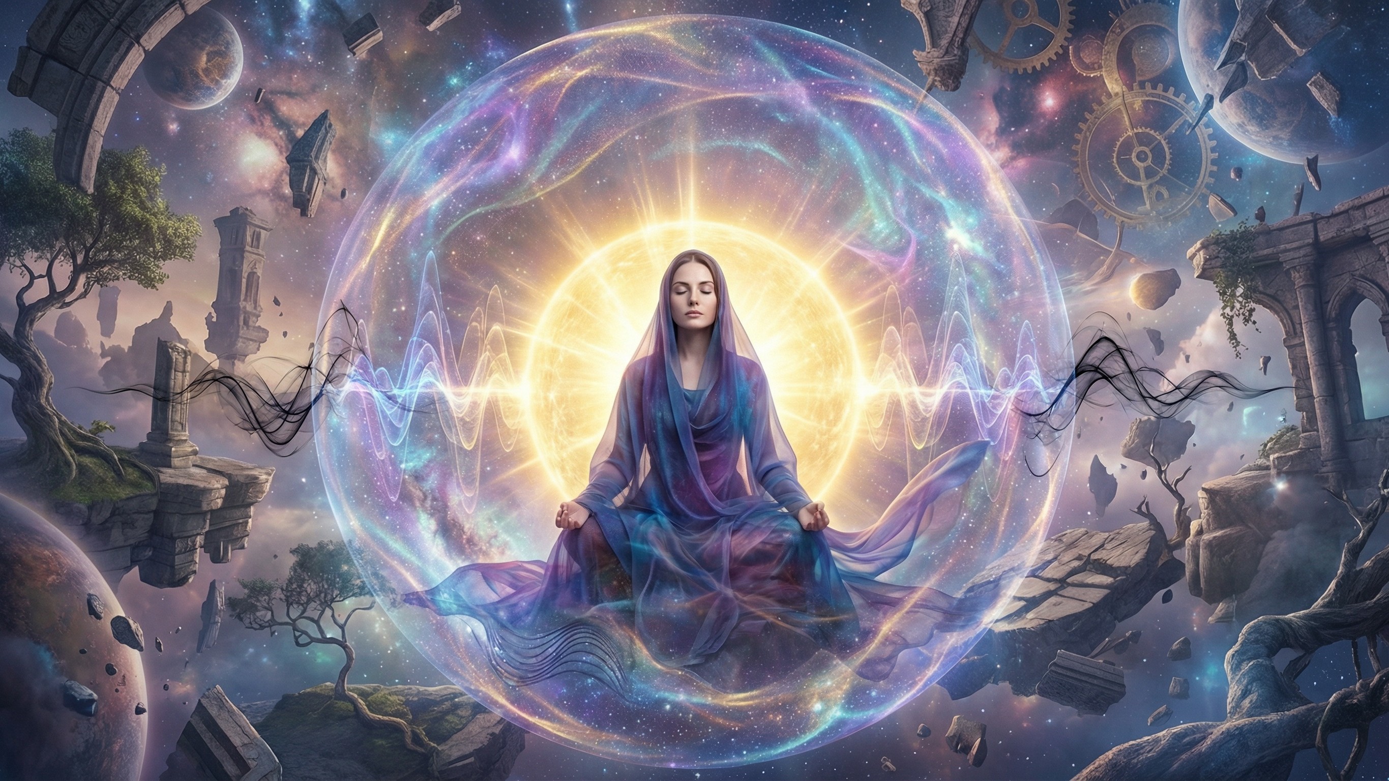 Meditative Female Figure in Cosmic Landscape