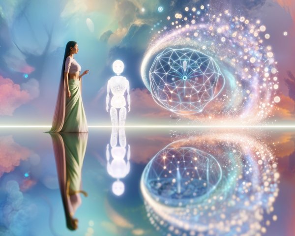 Surreal Landscape with Woman and Glowing Figure