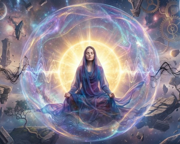 Meditative Female Figure in Cosmic Landscape