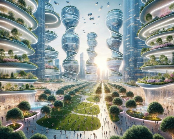 Futuristic cityscape with greenery and advanced architecture