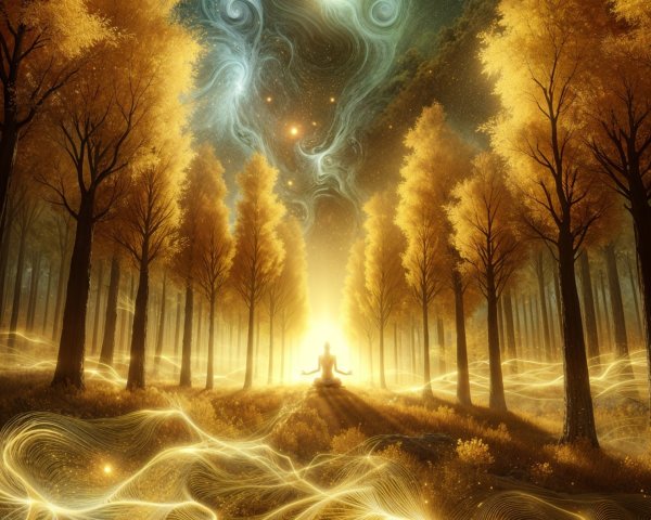 Mystical forest with golden light and cosmic sky