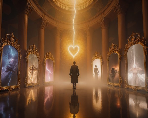Man in Majestic Room with Golden Frames and Light Ray