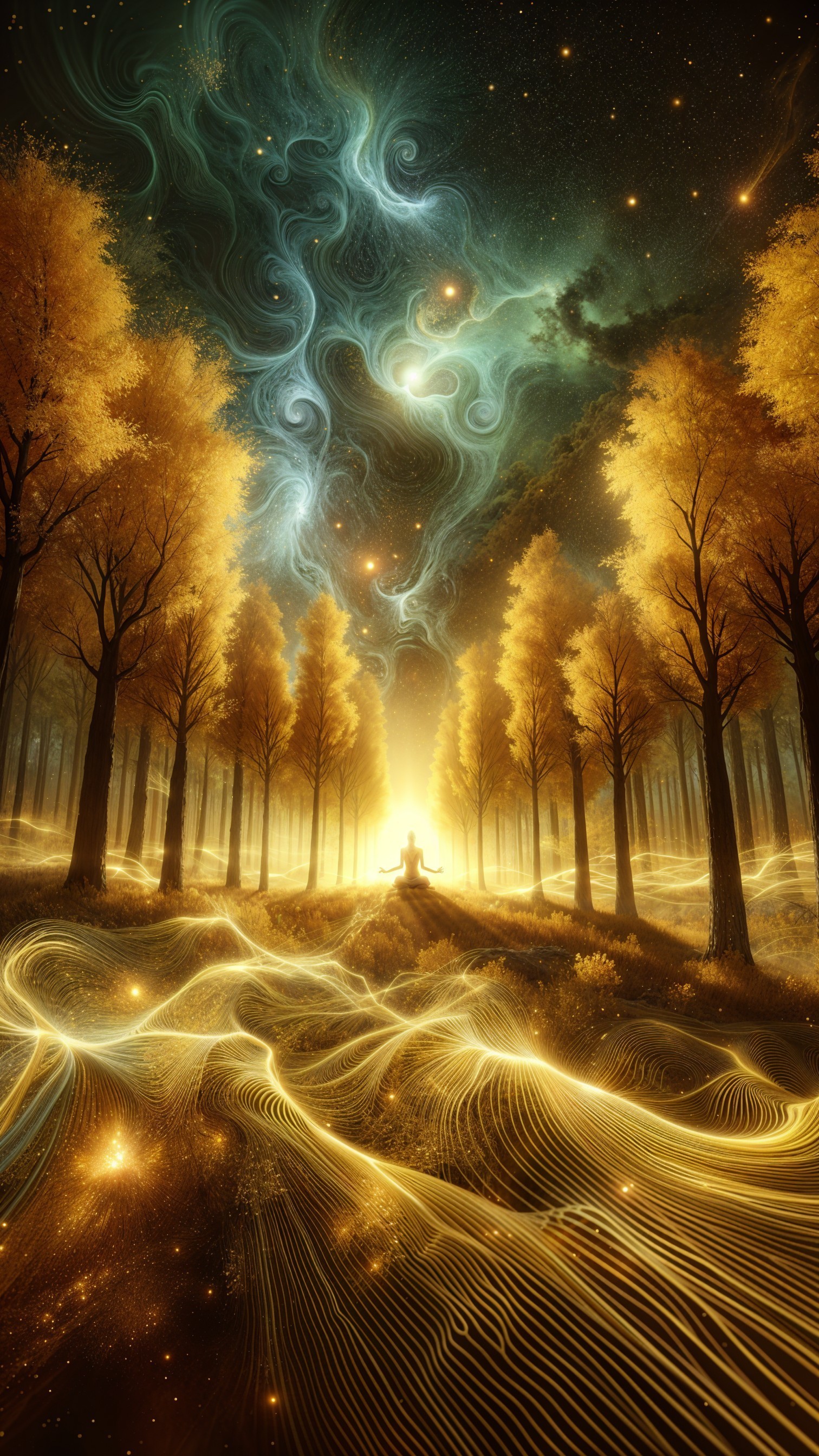 Mystical forest with golden light and cosmic sky