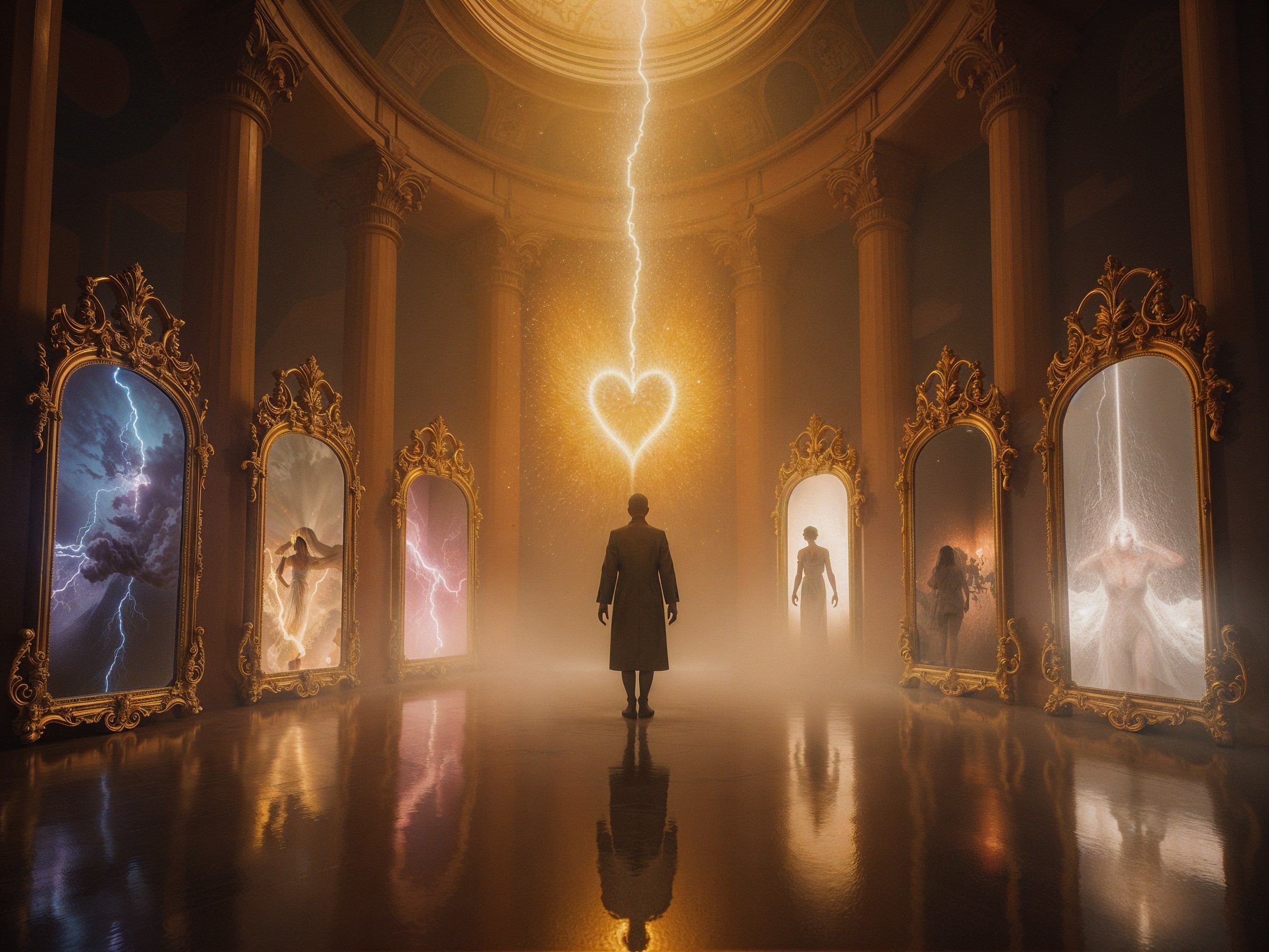 Man in Majestic Room with Golden Frames and Light Ray