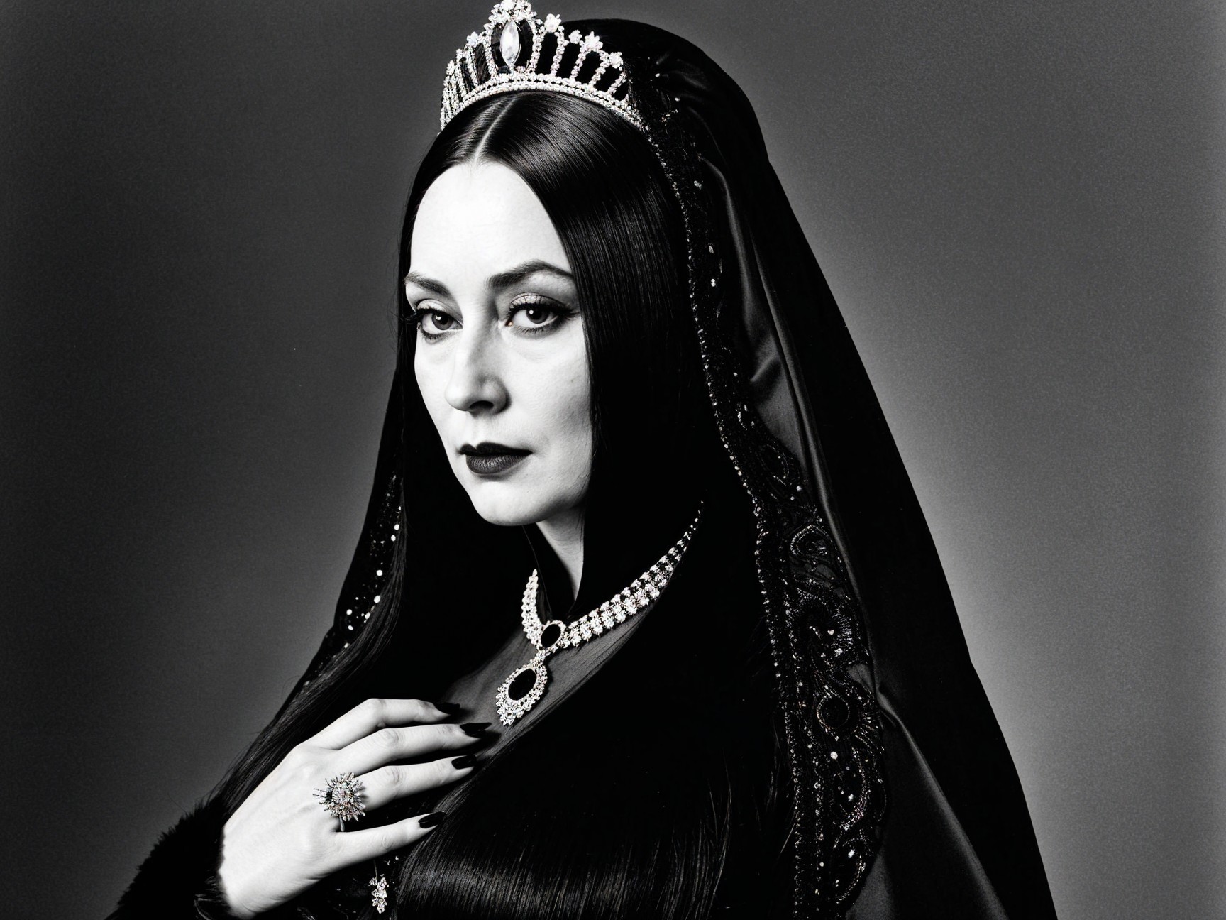 Monochrome Portrait of a Woman with Crown and Veil