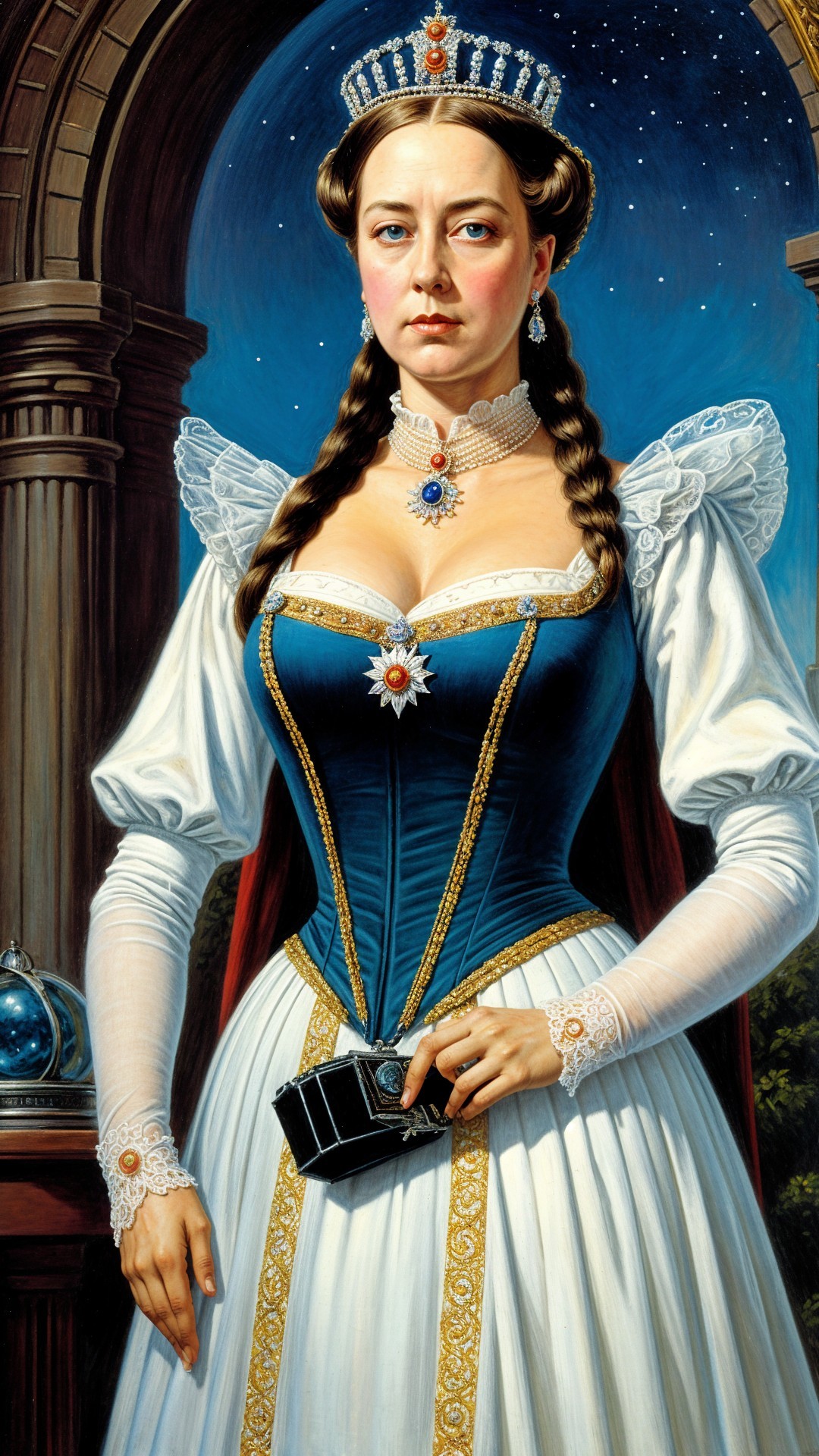 Regal Woman in Luxurious Gown and Classical Setting