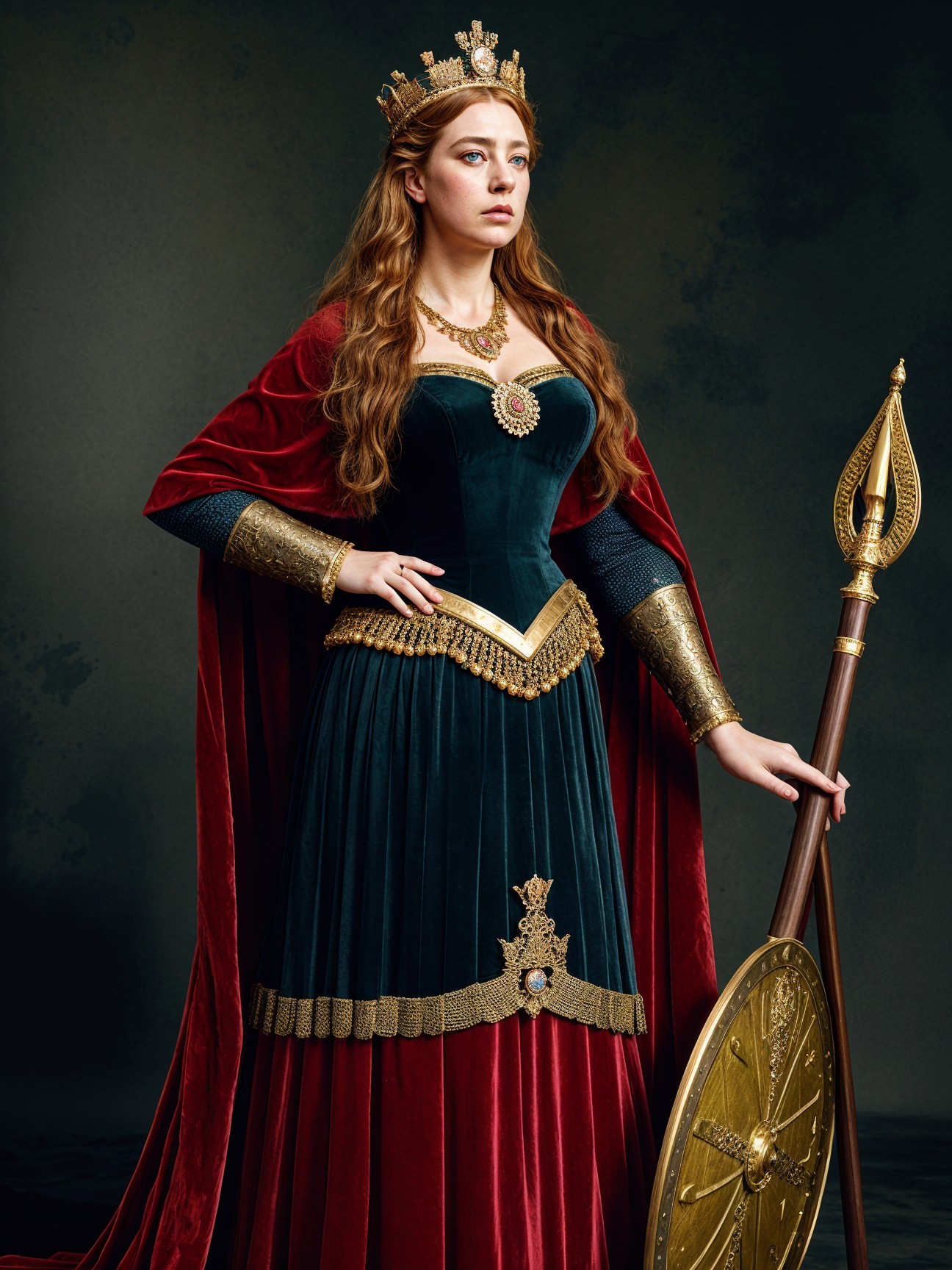 Regal woman in green velvet gown with crown and shield