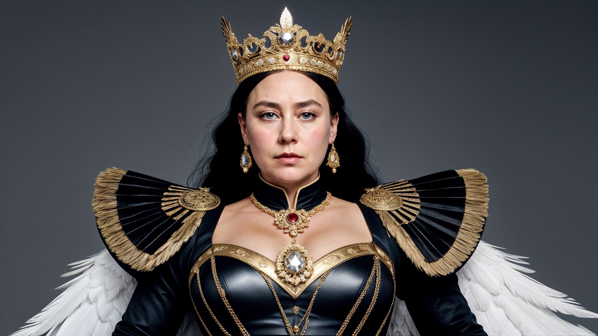 Regal figure in elaborate costume with crown and jewelry