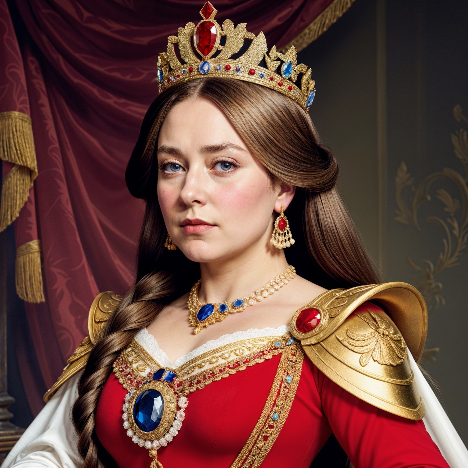 Regal figure in red gown with gold accents and crown