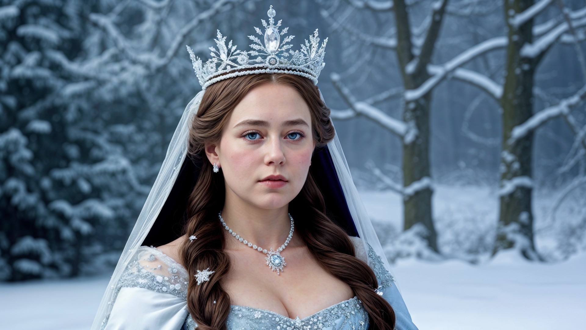 Young Woman in Icy Blue Gown in Snowy Forest