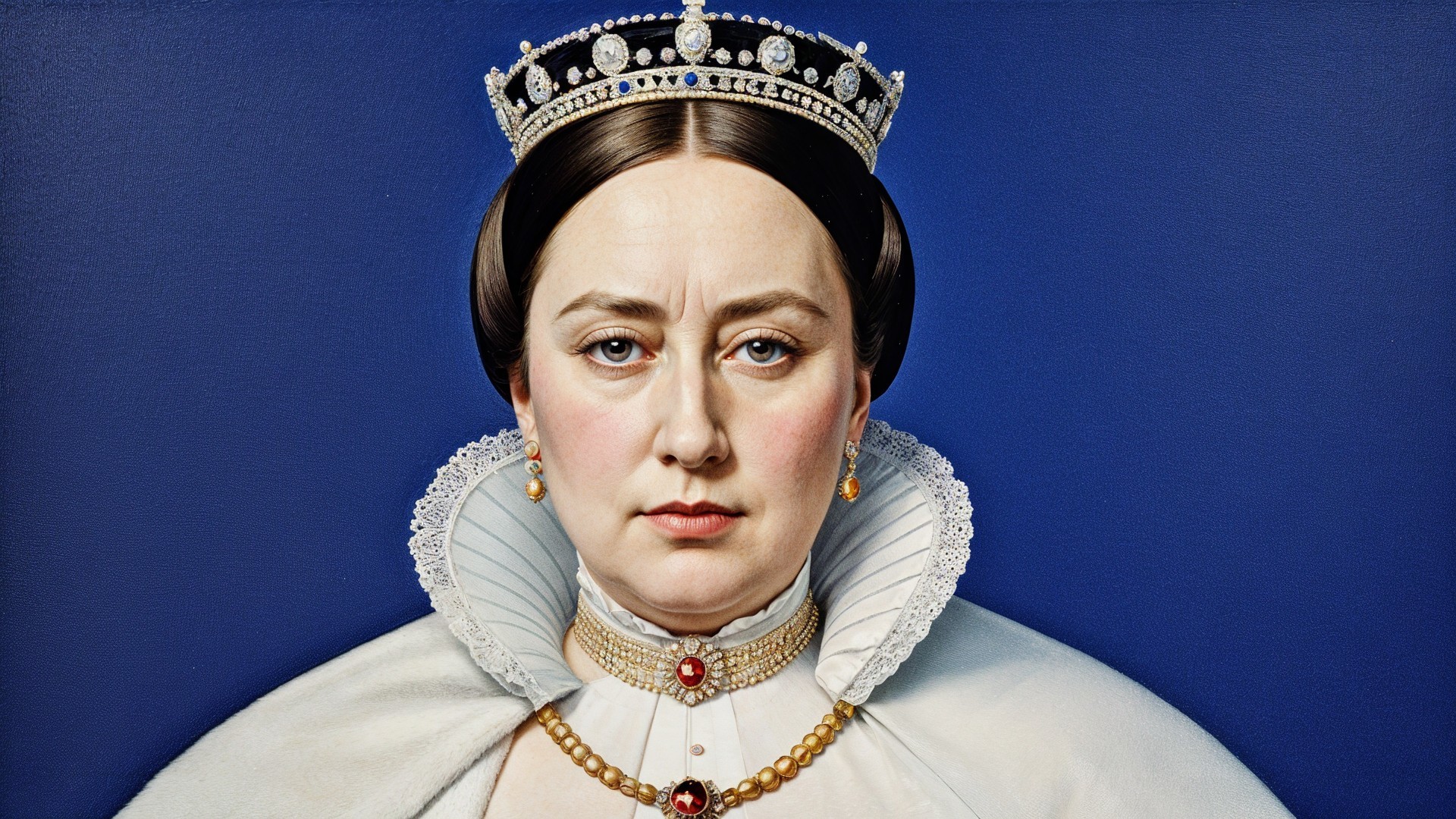 Royal figure in lavish attire with stern expression