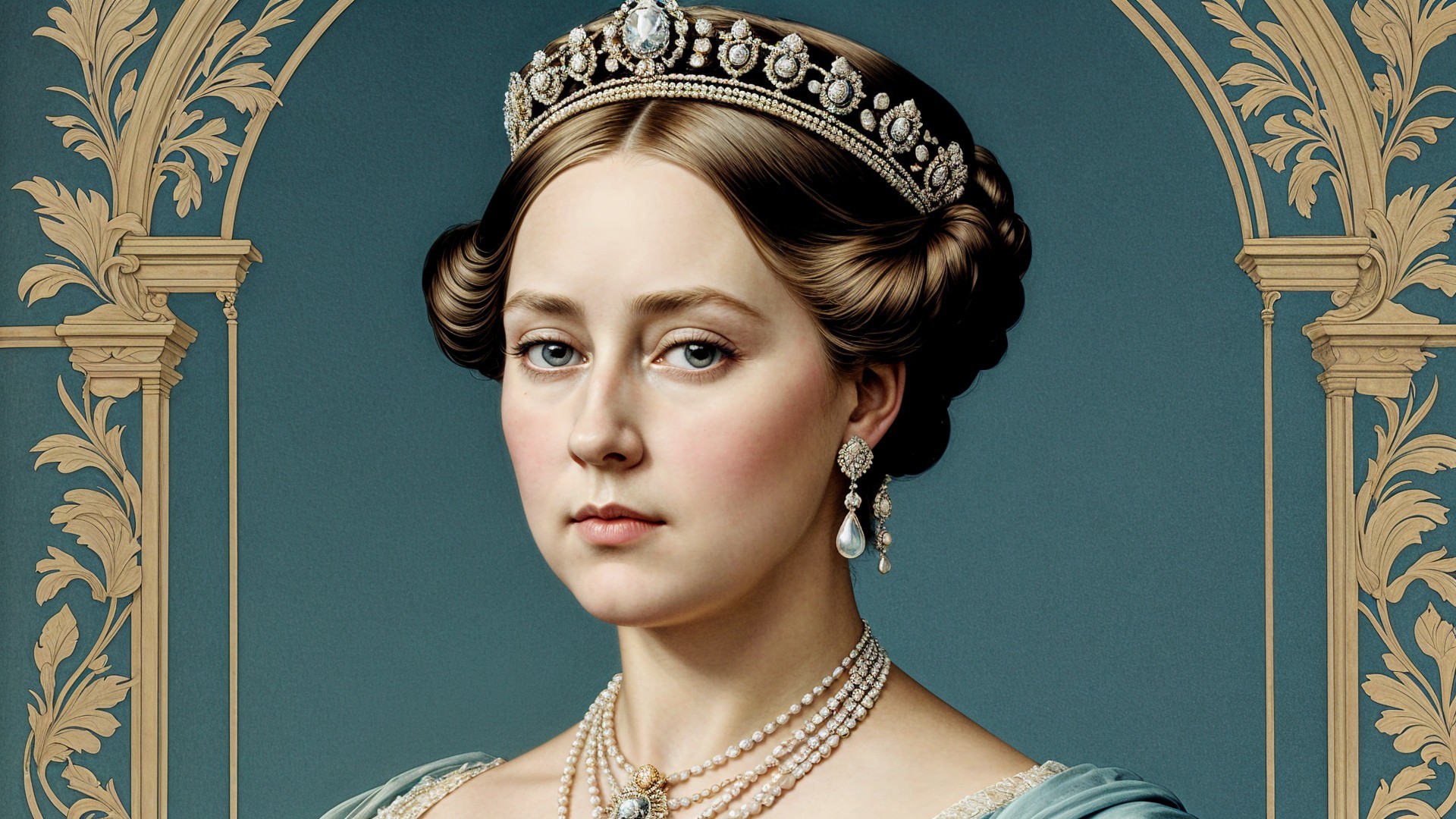 Regal Woman in Blue Gown with Tiara and Pearls